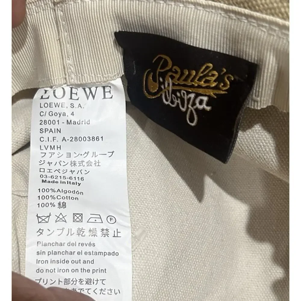 LOEWE Paula’s Ibiza Canvas Bucket Hat Beige Leather Logo Patch Made Italy